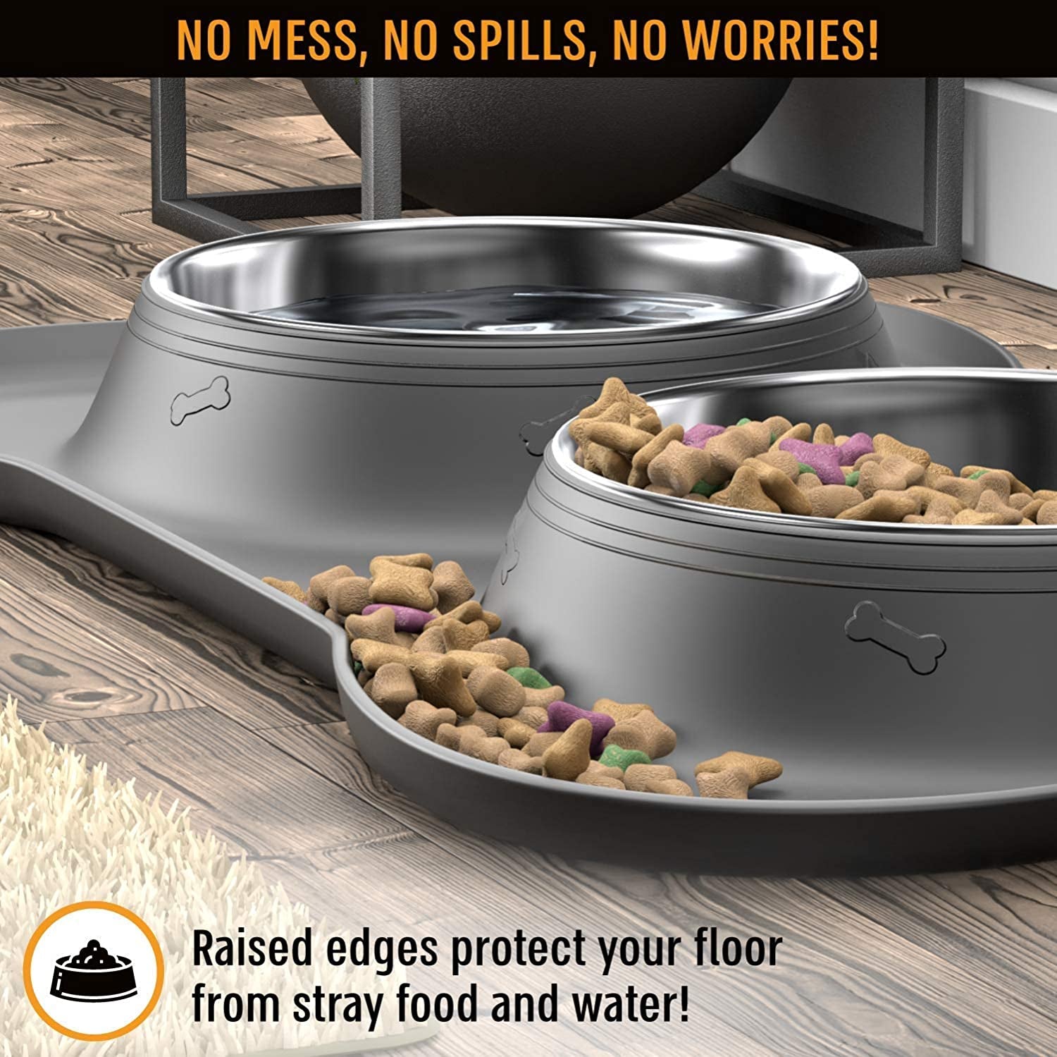 Stainless Steel Dog Bowl Set with Silicone Mat - No Spill, Mess-Proof Design - Small, Medium, & Large Sizes