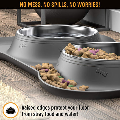 Stainless Steel Dog Bowl Set with Silicone Mat - No Spill, Mess-Proof Design - Small, Medium, & Large Sizes