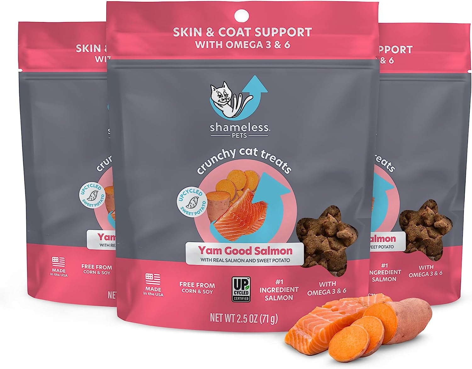 Yam Good Salmon Crunchy Cat Treats - Skin & Coat Support, Natural Ingredients, 3-Pack