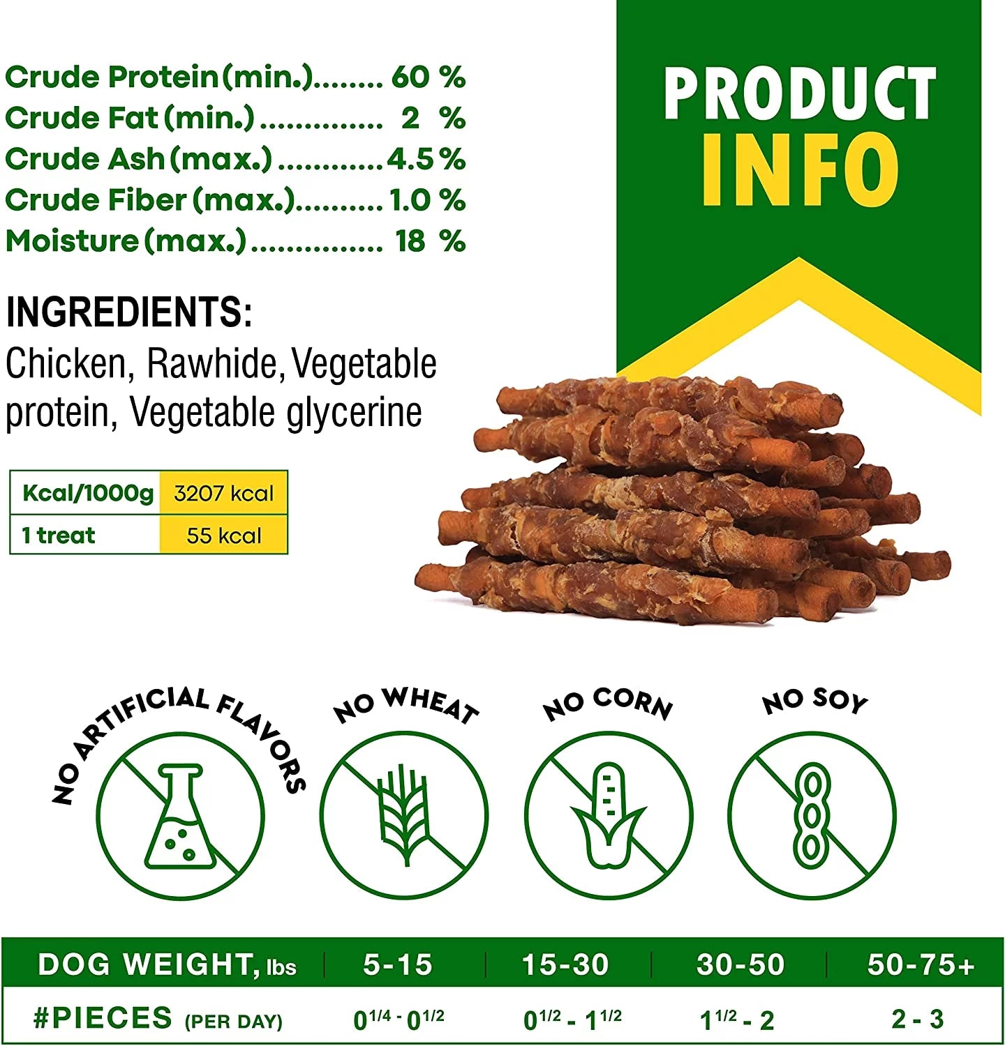 "Organic Chicken-Wrapped Smoked Rawhide Sticks for Dogs - Grain-Free Natural Chew Treats, Made in USA"