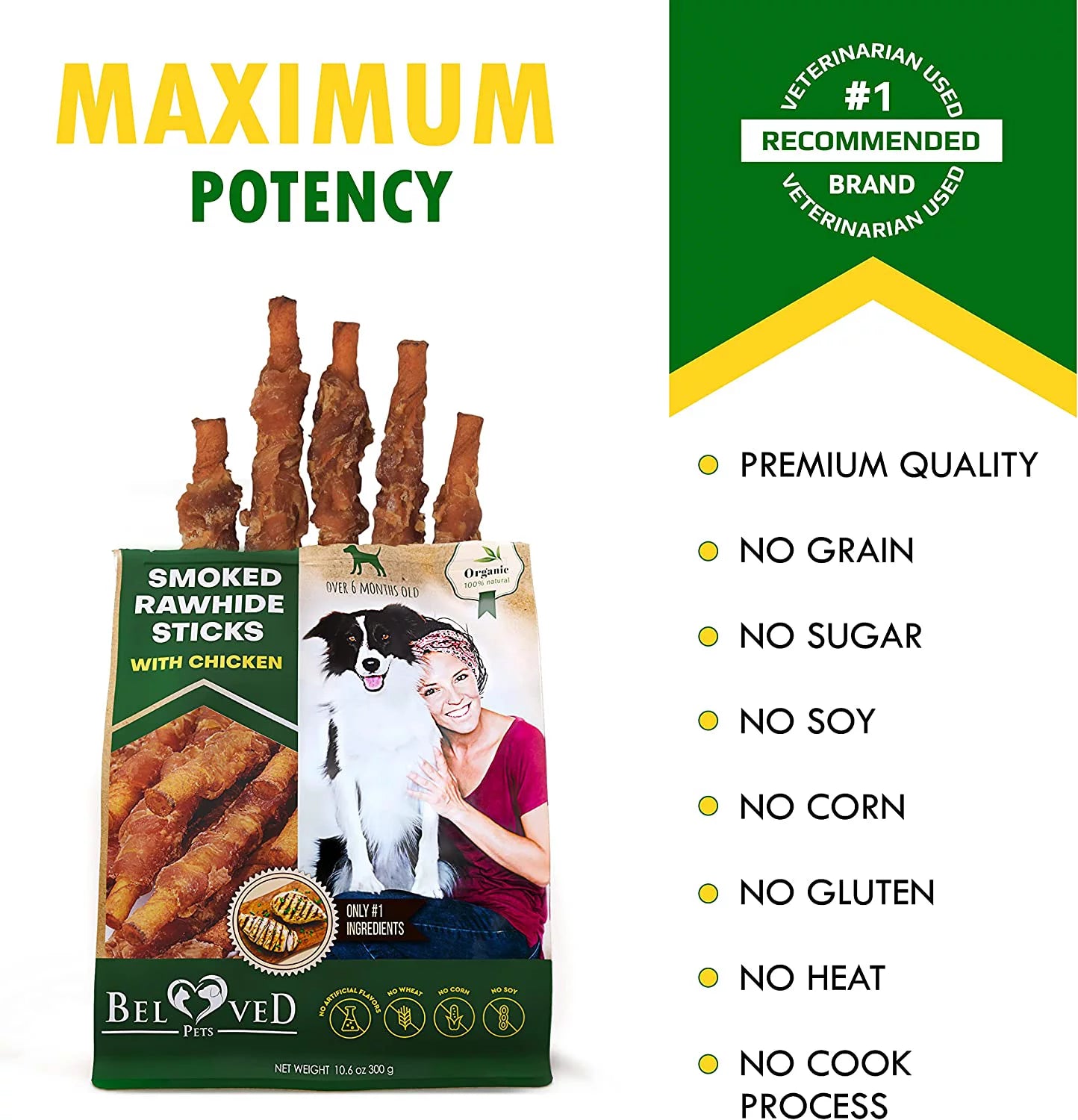 "Organic Chicken-Wrapped Smoked Rawhide Sticks for Dogs - Grain-Free Natural Chew Treats, Made in USA"