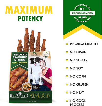 "Organic Chicken-Wrapped Smoked Rawhide Sticks for Dogs - Grain-Free Natural Chew Treats, Made in USA"