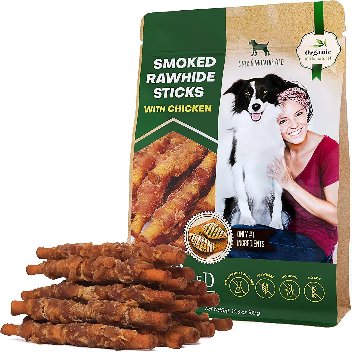 "Organic Chicken-Wrapped Smoked Rawhide Sticks for Dogs - Grain-Free Natural Chew Treats, Made in USA"