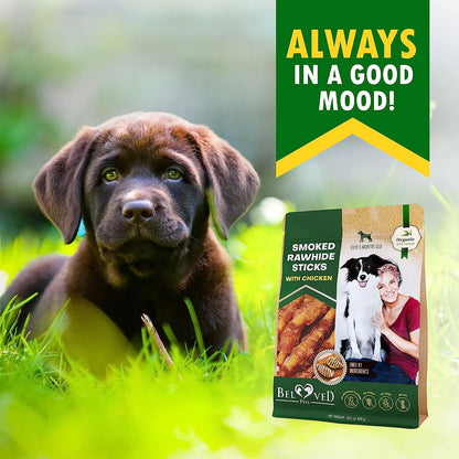 "Organic Chicken-Wrapped Smoked Rawhide Sticks for Dogs - Grain-Free Natural Chew Treats, Made in USA"